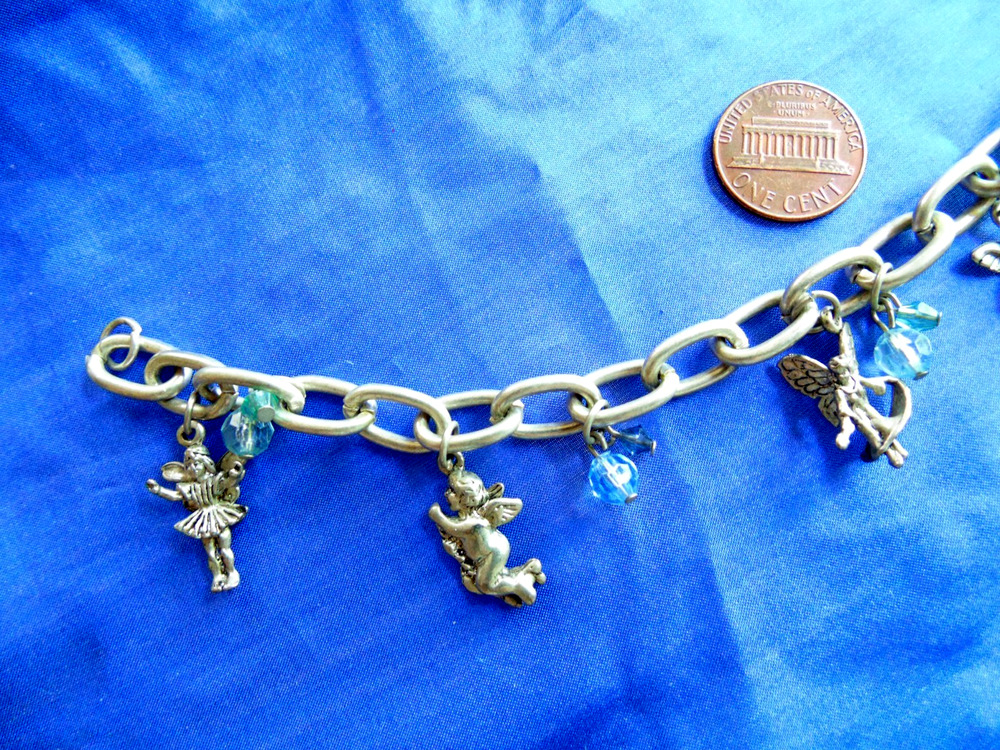 Y2K Cherubs Angel Chunky Chain Silver Tone Charm Bracelet Crystal Dangles 7.5"